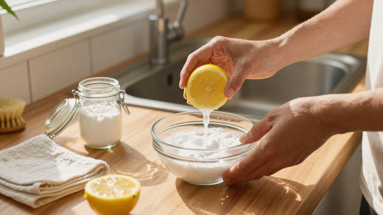 Person squeezing lemon juice into a glass bowl of white liquid on a wooden kitchen counter.