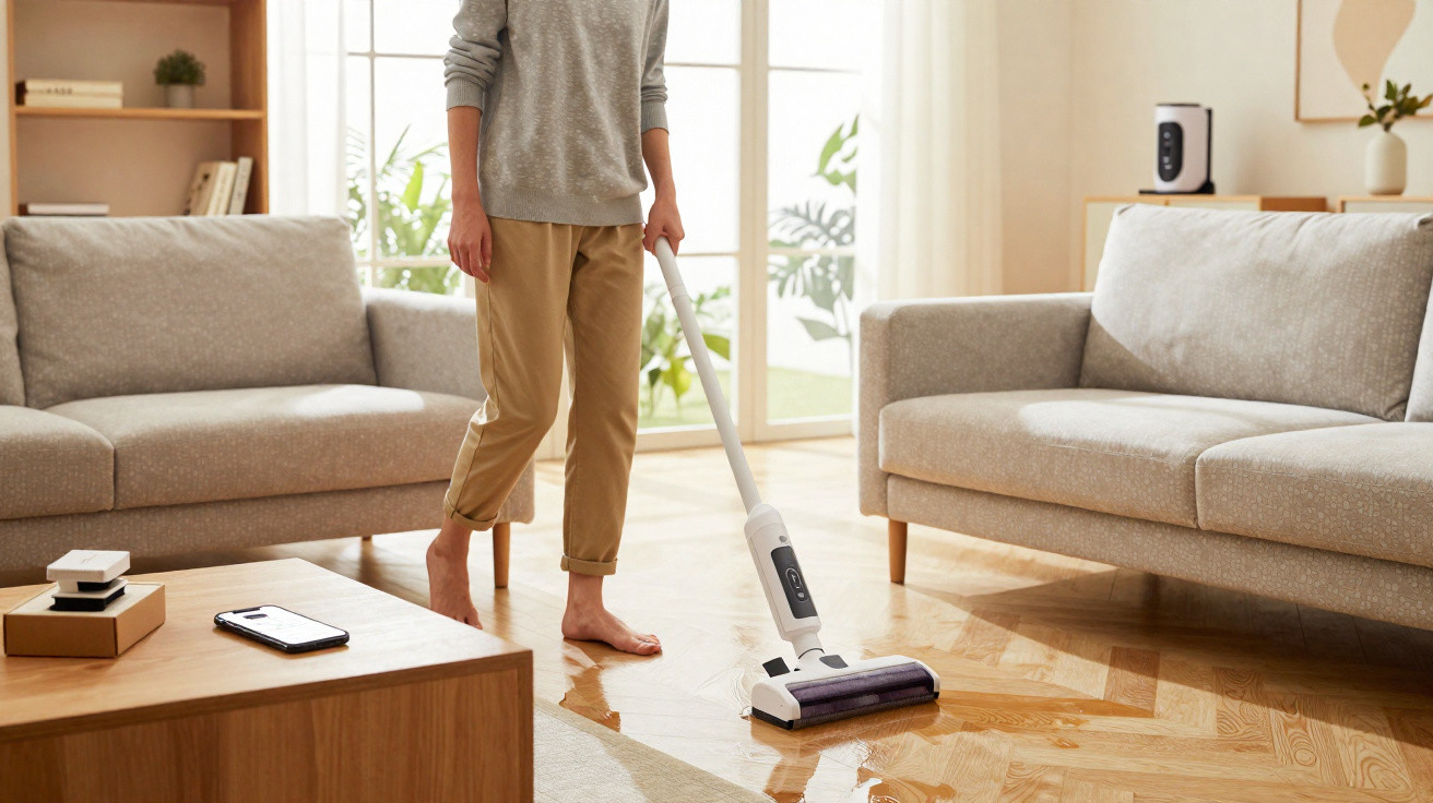Person using a cordless vacuum cleaner to clean spilled water on a wooden living room floor.