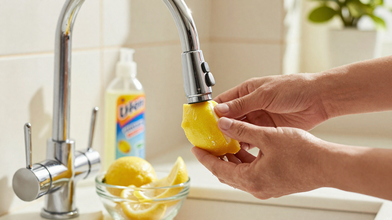 Hands cleaning a lemon half under running water from a kitchen sink tap.
