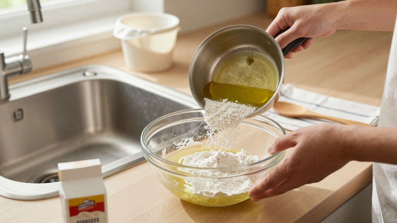 Person pouring oil and flour from a pan into a glass bowl on a kitchen counter next to a sink.
