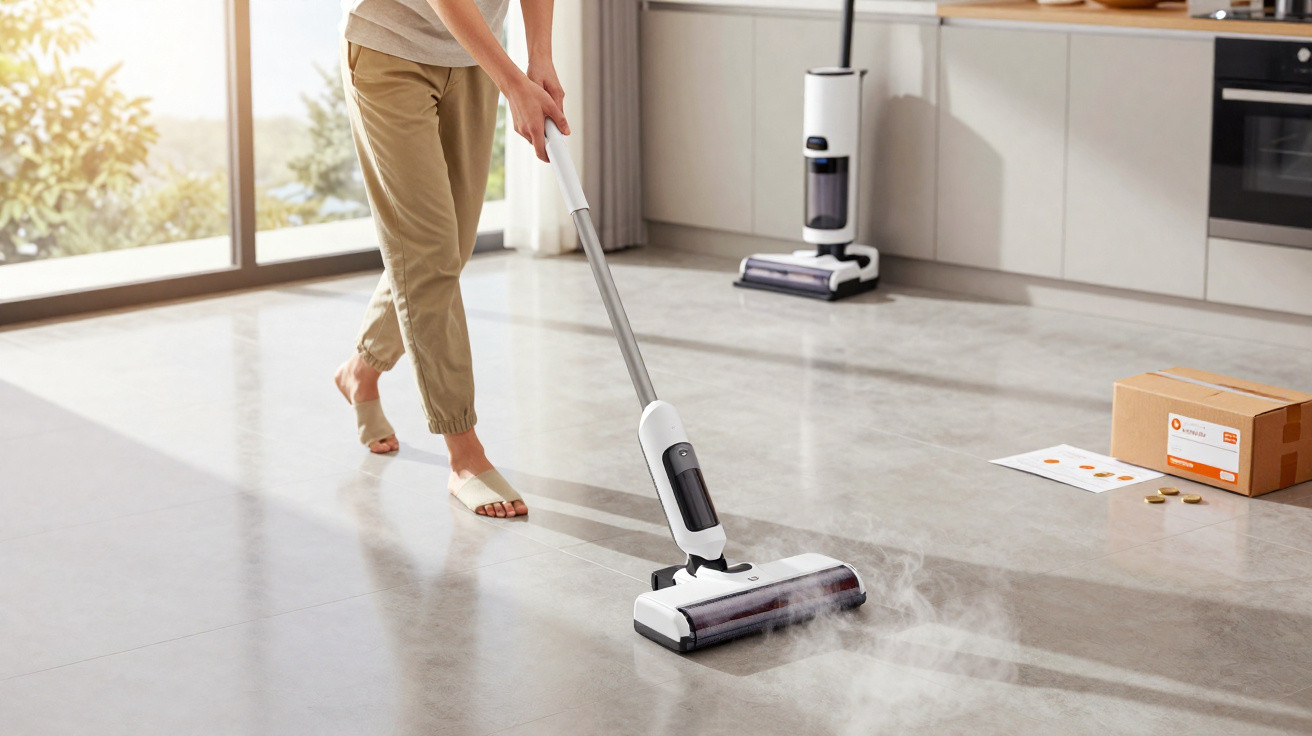 Person using a white cordless steam mop to clean a bright, spacious kitchen floor near a cardboard box.