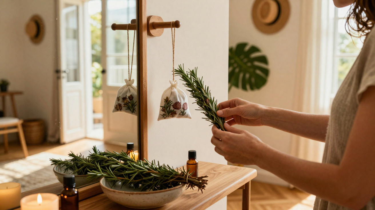 Person holding fresh rosemary near a bowl with herbs and a wooden mirror in a sunlit room.