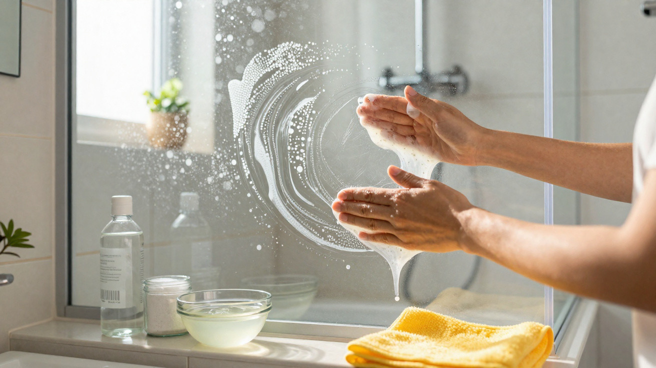 Hands wiping a soapy bathroom mirror with a yellow cloth on the counter nearby.