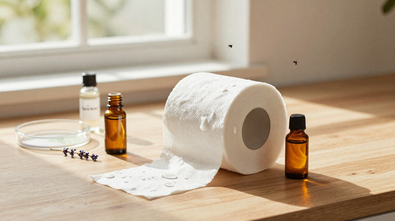 Roll of white paper towels with water drops, two amber glass bottles, small lavender sprigs, and flying insects on wooden sur
