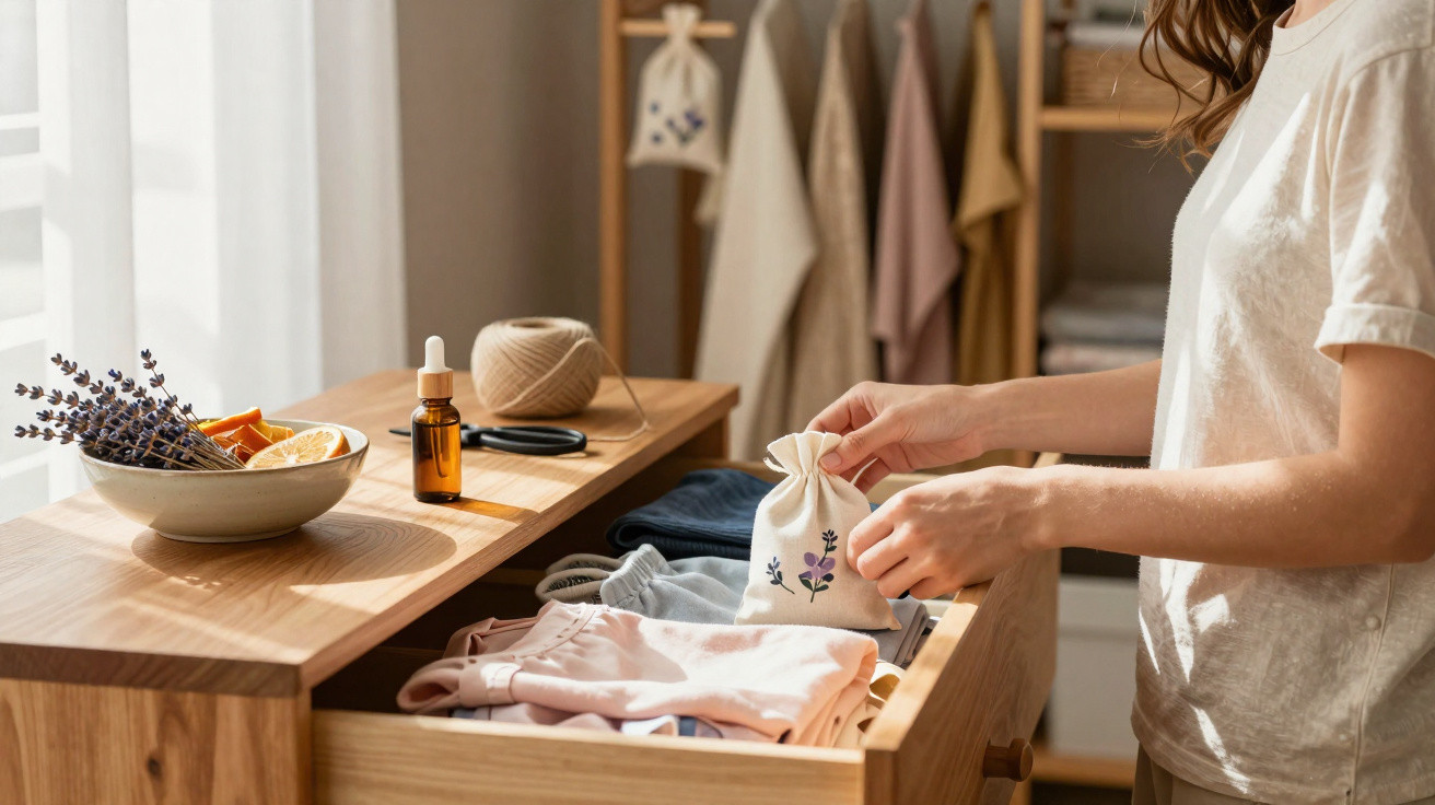 Person placing a small floral sachet into a drawer filled with folded clothes in a sunlit room.