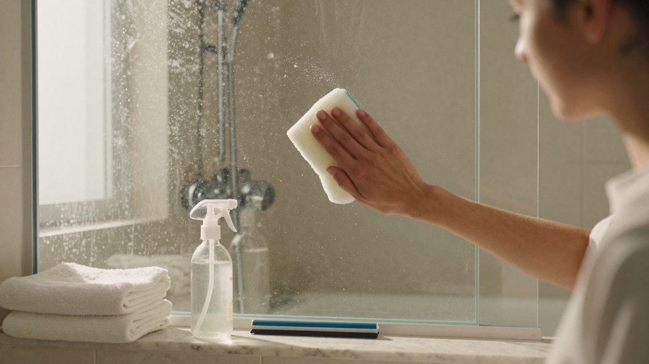 Person cleaning a glass shower door with a sponge and spray bottle on a tiled bathroom windowsill.