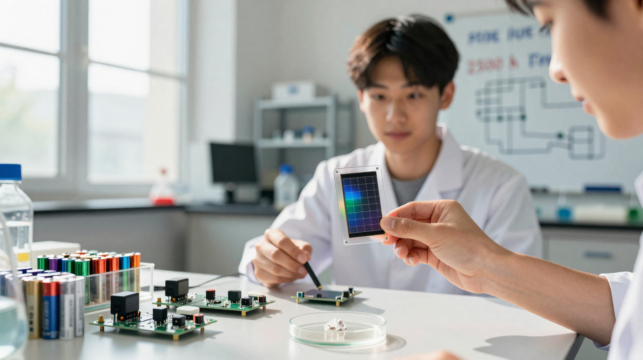 Two scientists in lab coats examining electronic components and a colour calibration card in a bright laboratory.