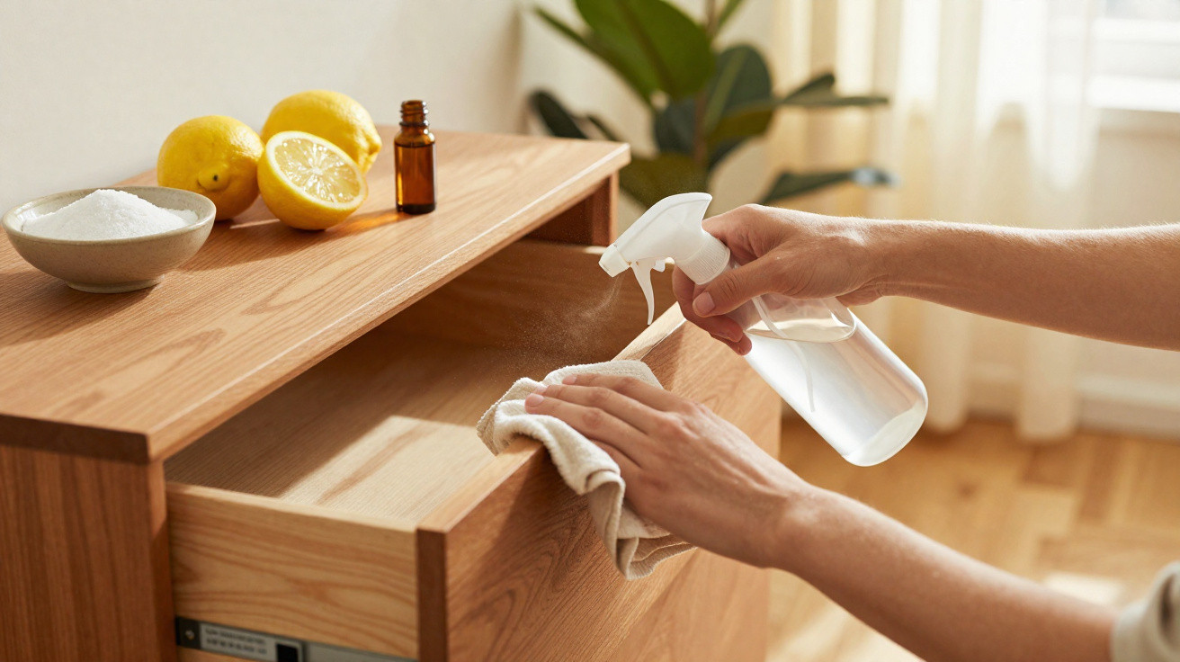 Hands cleaning a wooden drawer with a spray bottle and cloth with lemons, salt, and essential oil nearby.