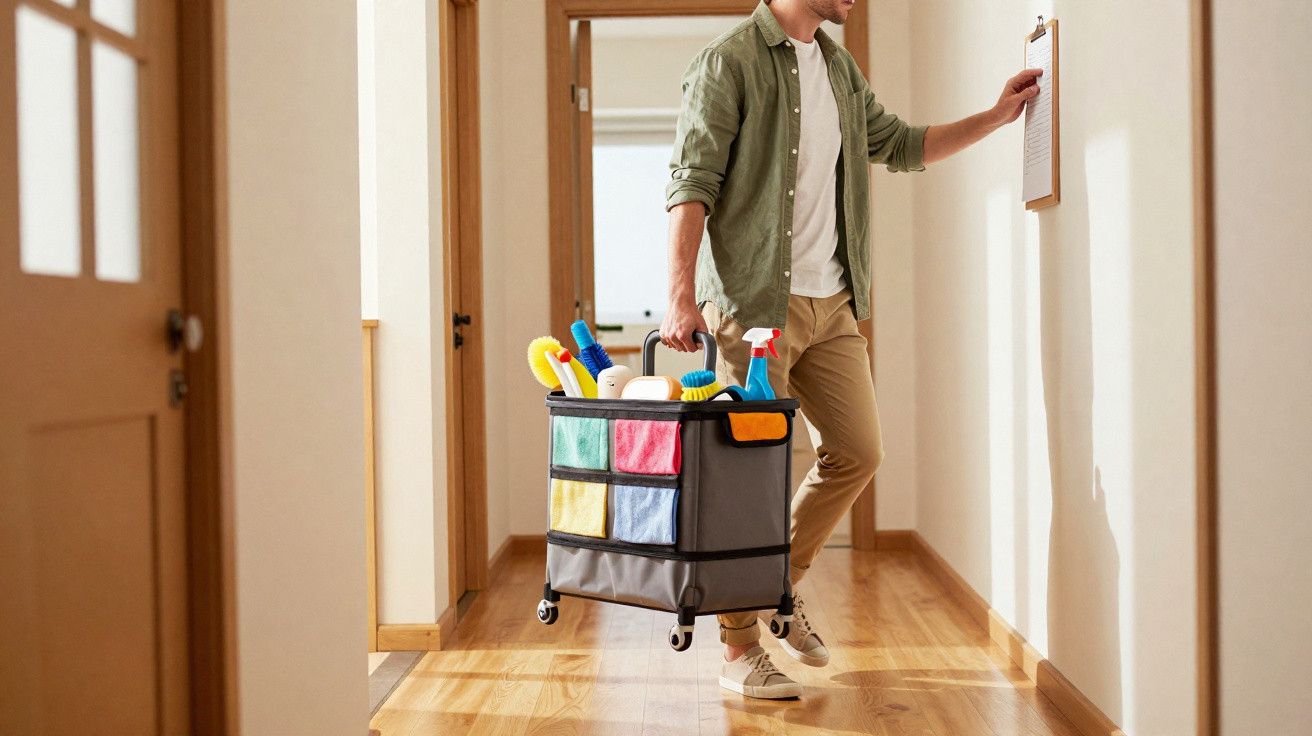 Man carrying a cleaning caddy with supplies while checking a clipboard in a hallway with wooden flooring.