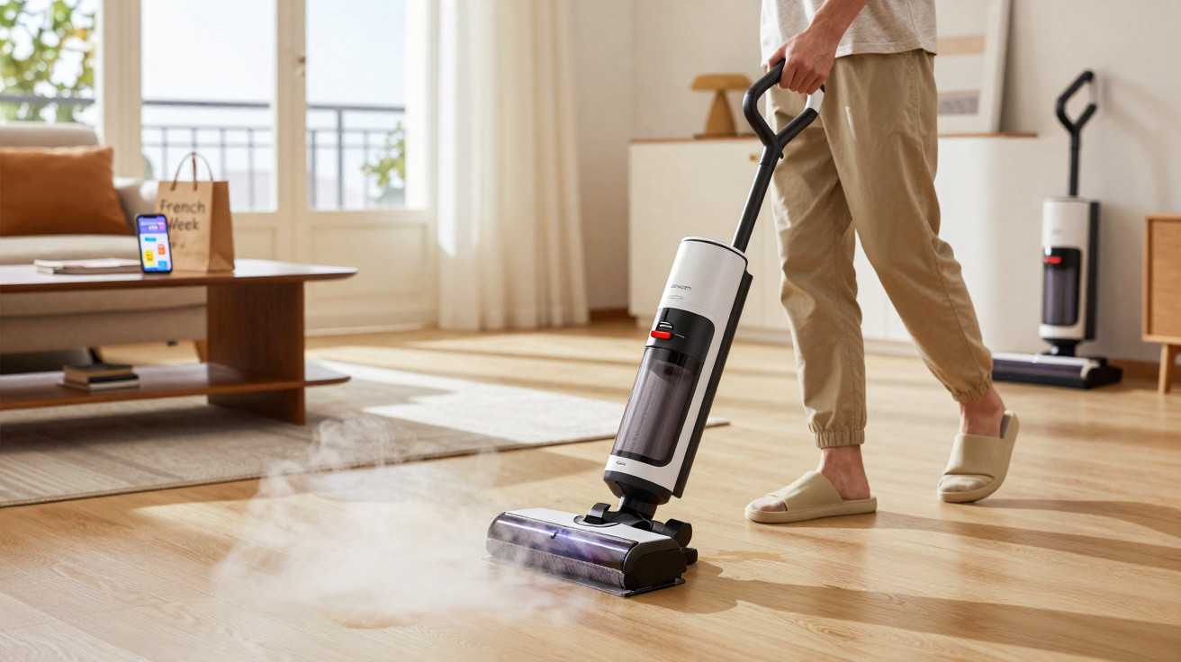 Person using a white steam mop to clean a wooden floor in a bright living room.