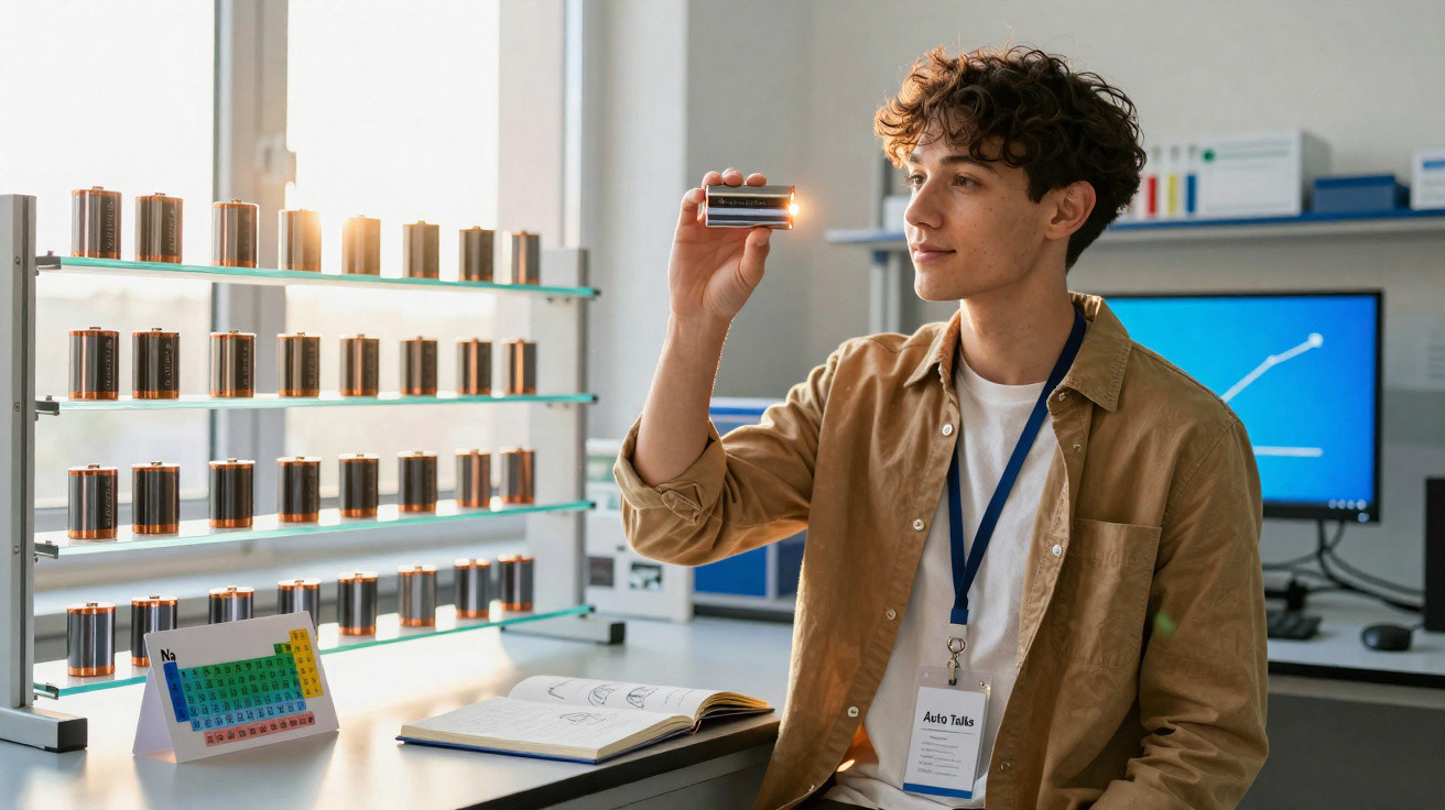 Young scientist examining a glowing battery in a lab with rows of batteries and a periodic table nearby.
