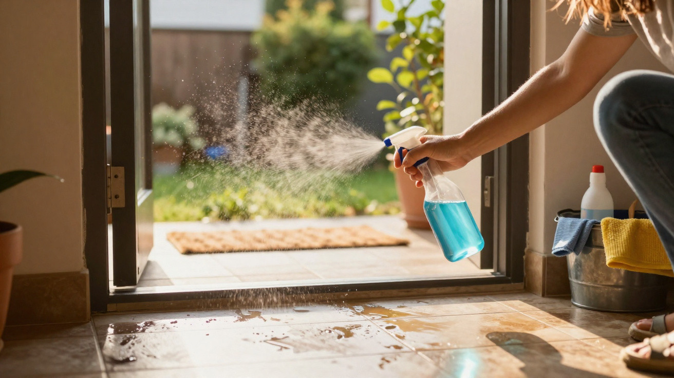 Person spraying blue cleaning solution onto a tiled floor near an open door with sunlight outside.