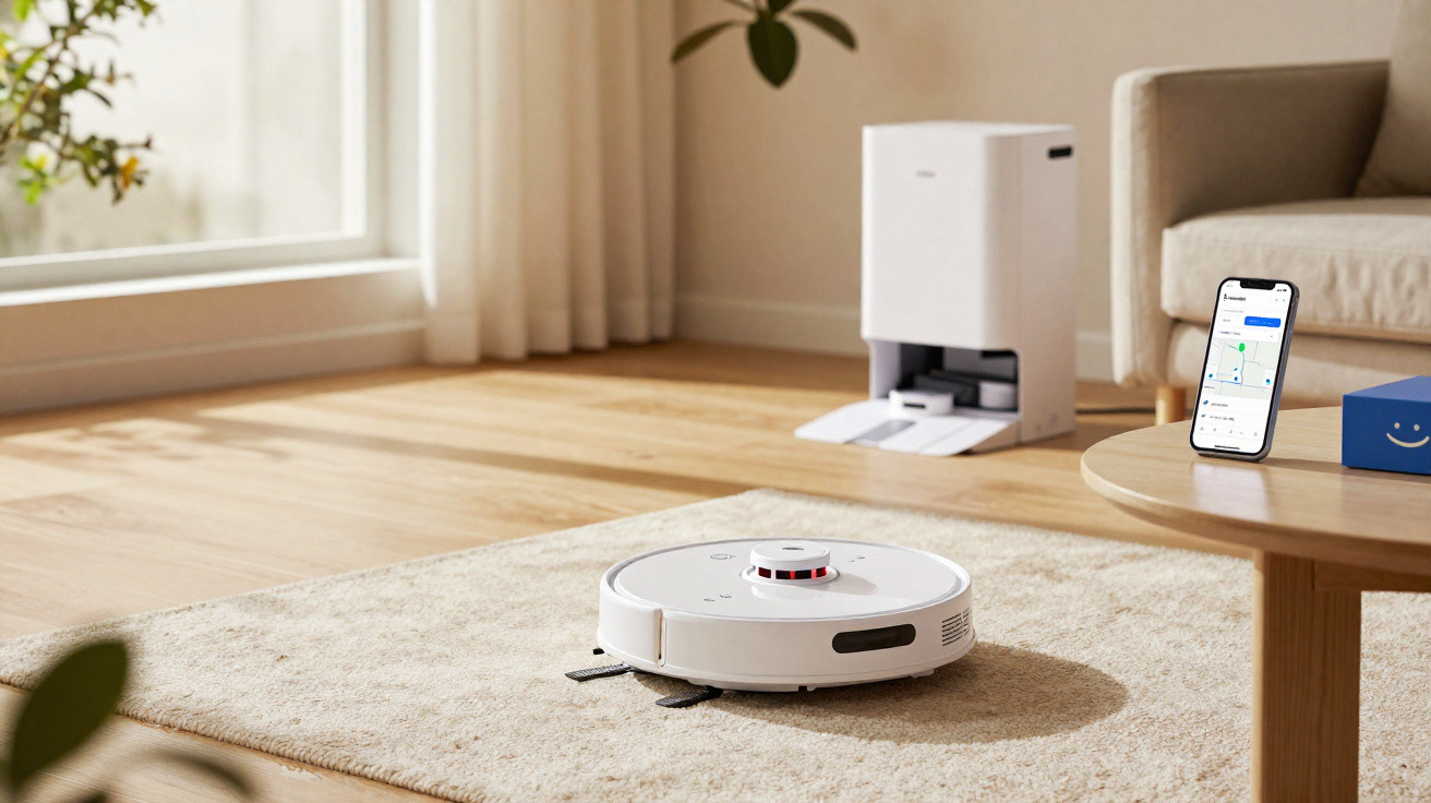 Robot vacuum cleaner operating on a carpeted floor near a charging station and smartphone on a wooden table.