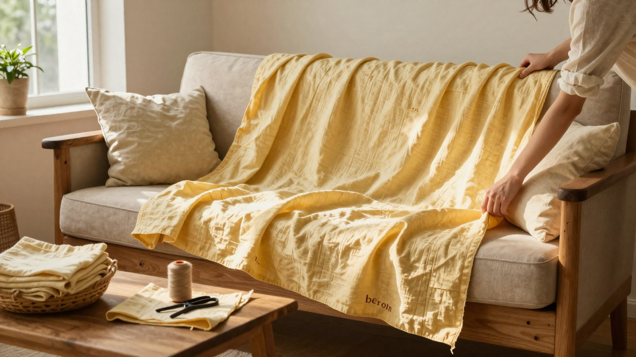 Person spreading a soft yellow quilt over a beige sofa in a sunlit, cozy living room.