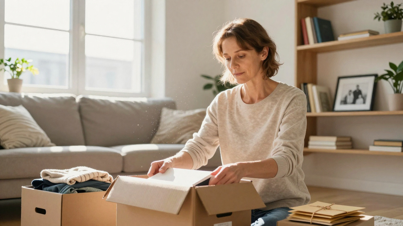 Woman sitting on the floor unpacking a cardboard box in a bright living room with sofa and bookshelves behind her.