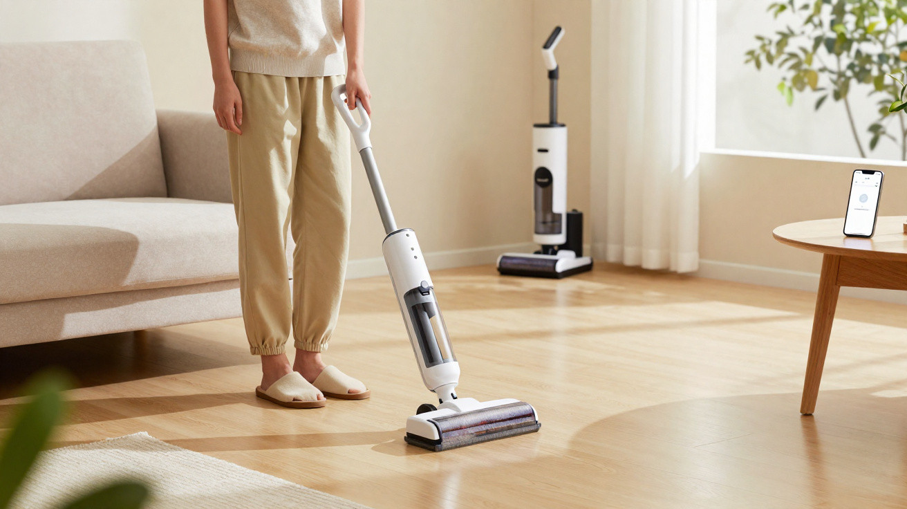 Person vacuuming wooden floor with white cordless vacuum cleaner in bright living room.