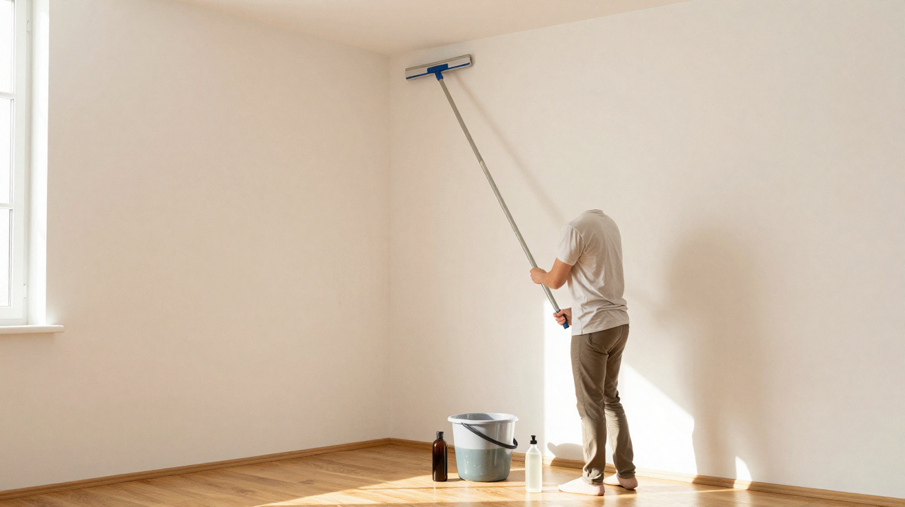 Person cleaning a blank wall with a long-handled squeegee in a sunlit empty room without a head visible.