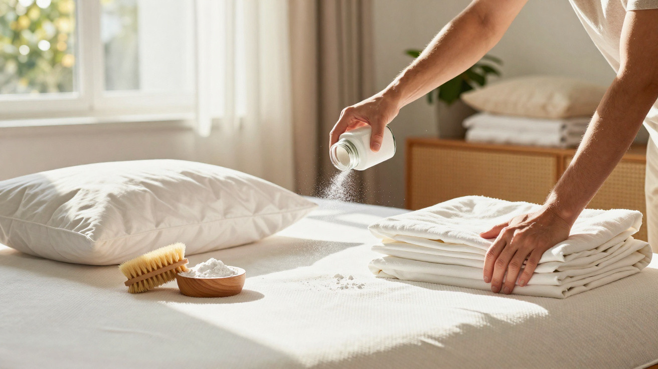 Person sprinkling powder on folded white linens on a bed with a pillow, brush, and bowl nearby in sunlight