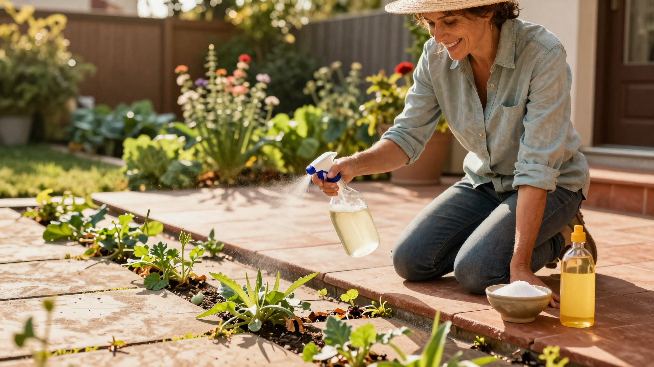 Woman wearing a hat spraying plants with a spray bottle in a home garden on a sunny day