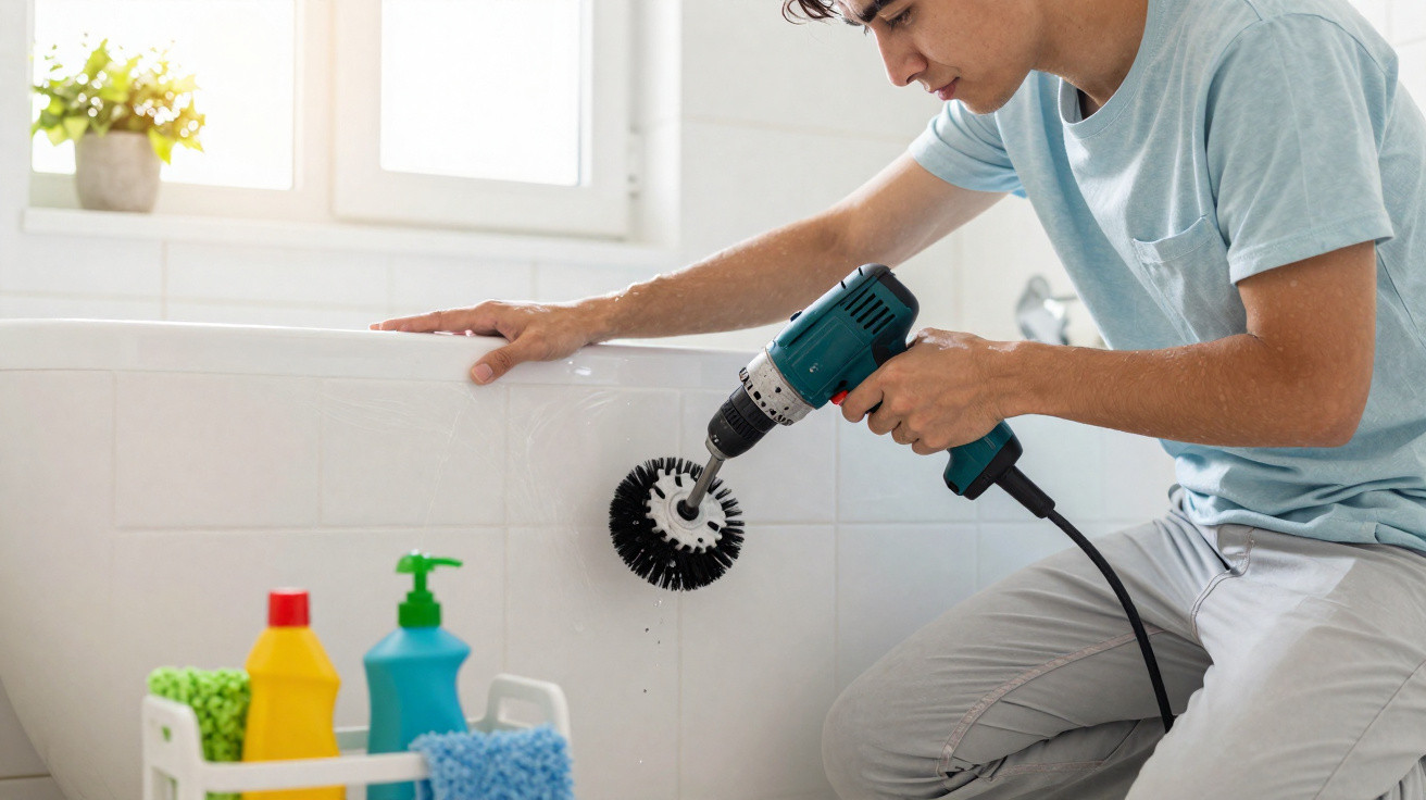 Young man using drill with brush attachment to clean a white bathtub in a bright bathroom.