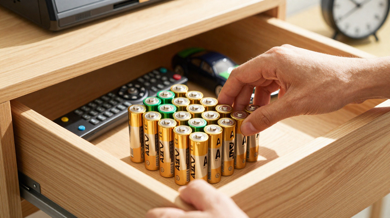 Hands organising AA batteries in a wooden drawer containing a TV remote and a toy car.