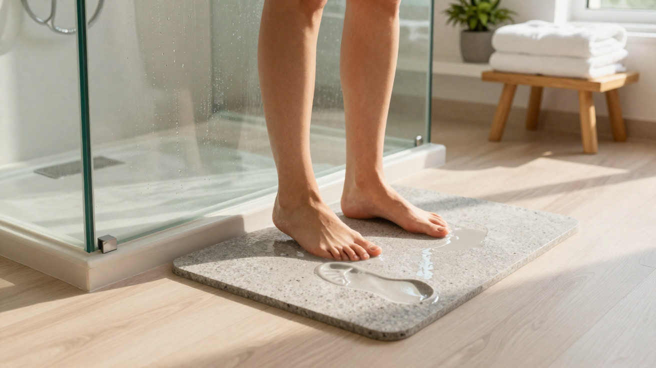 Person standing barefoot on a grey absorbent bath mat with wet footprints beside a glass shower in a bright bathroom.
