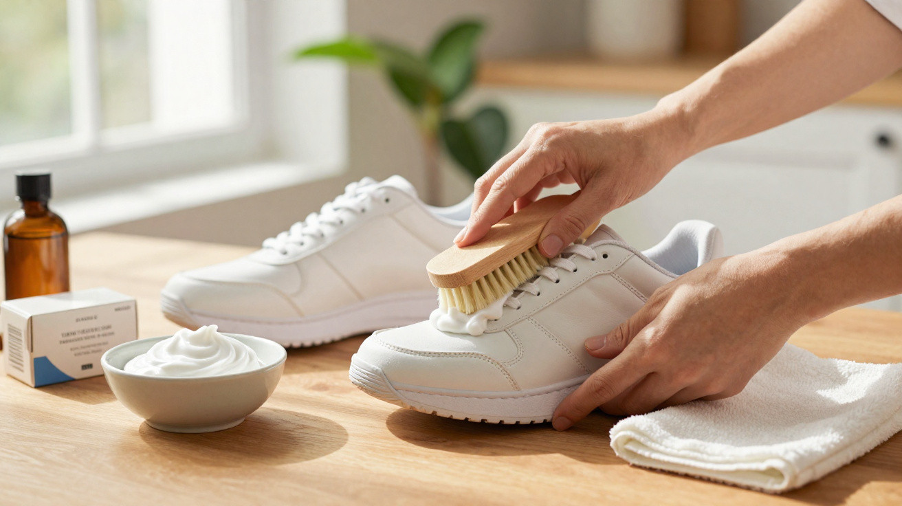 Hands cleaning a white sneaker with a brush and cream on a wooden surface next to a towel and cleaning supplies.