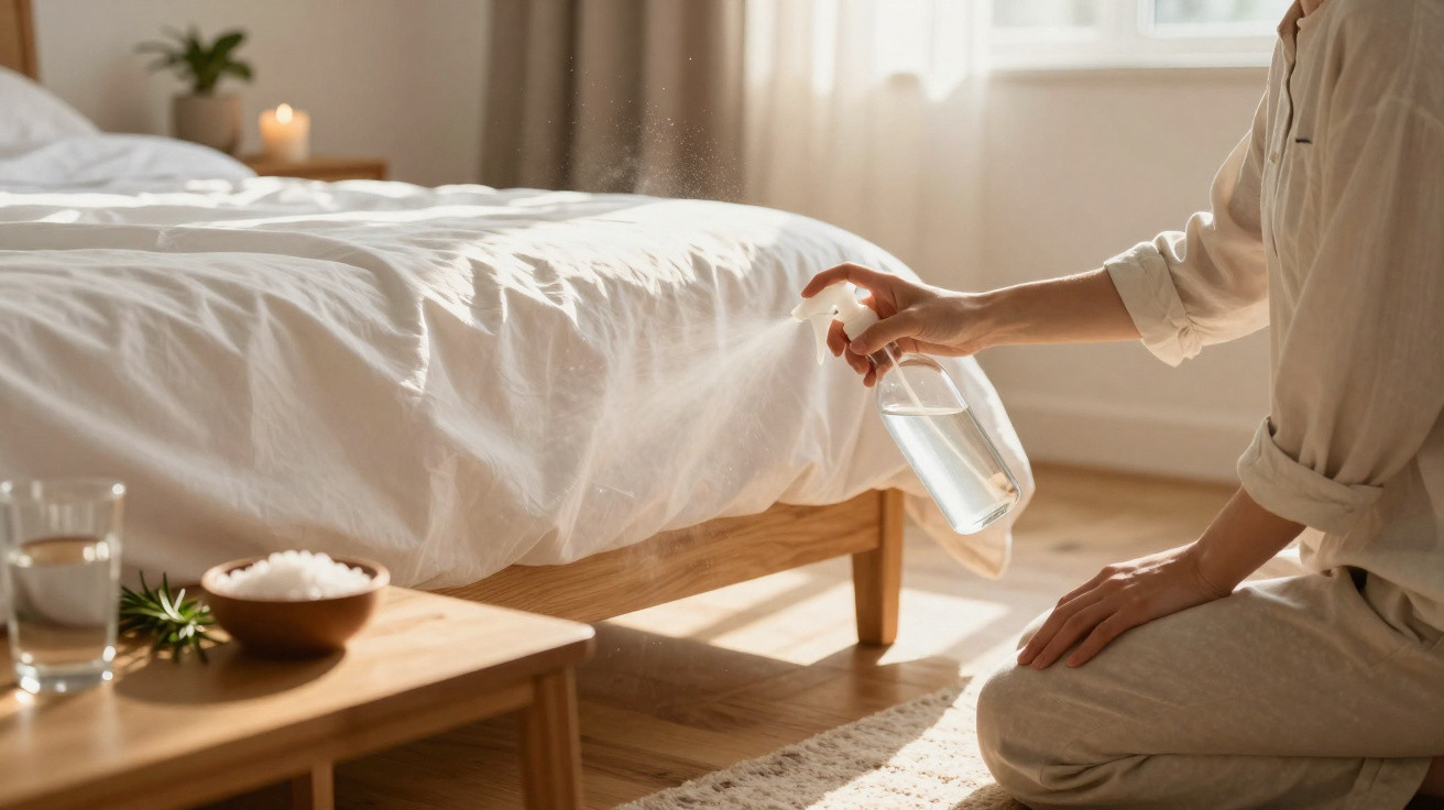 Person spraying a bed with a clear bottle in a sunlit, neatly arranged bedroom.
