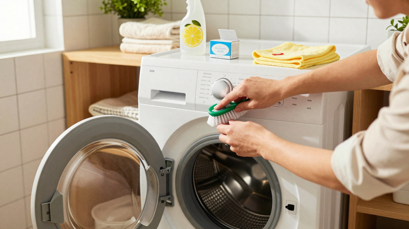 Person cleaning a front-loading washing machine door with a small brush in a laundry room.