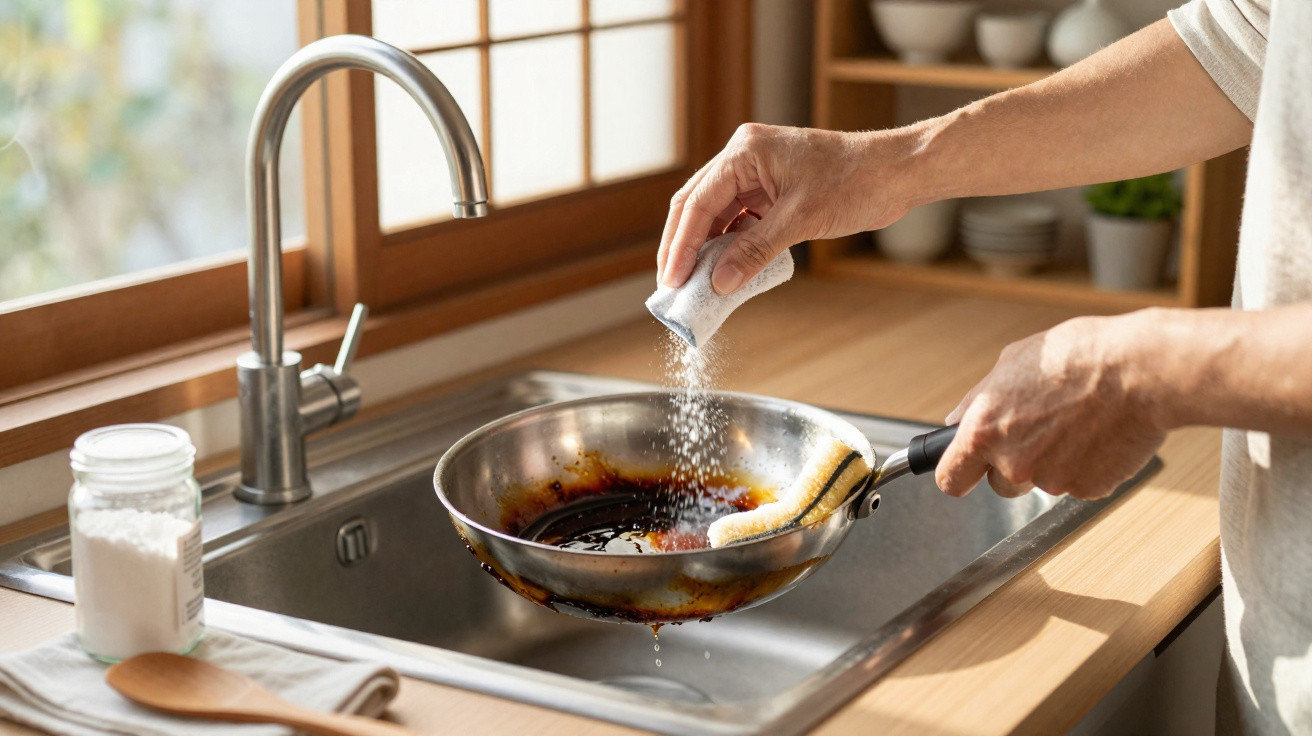 Person sprinkling baking soda on a greasy frying pan over a kitchen sink with wooden countertop.