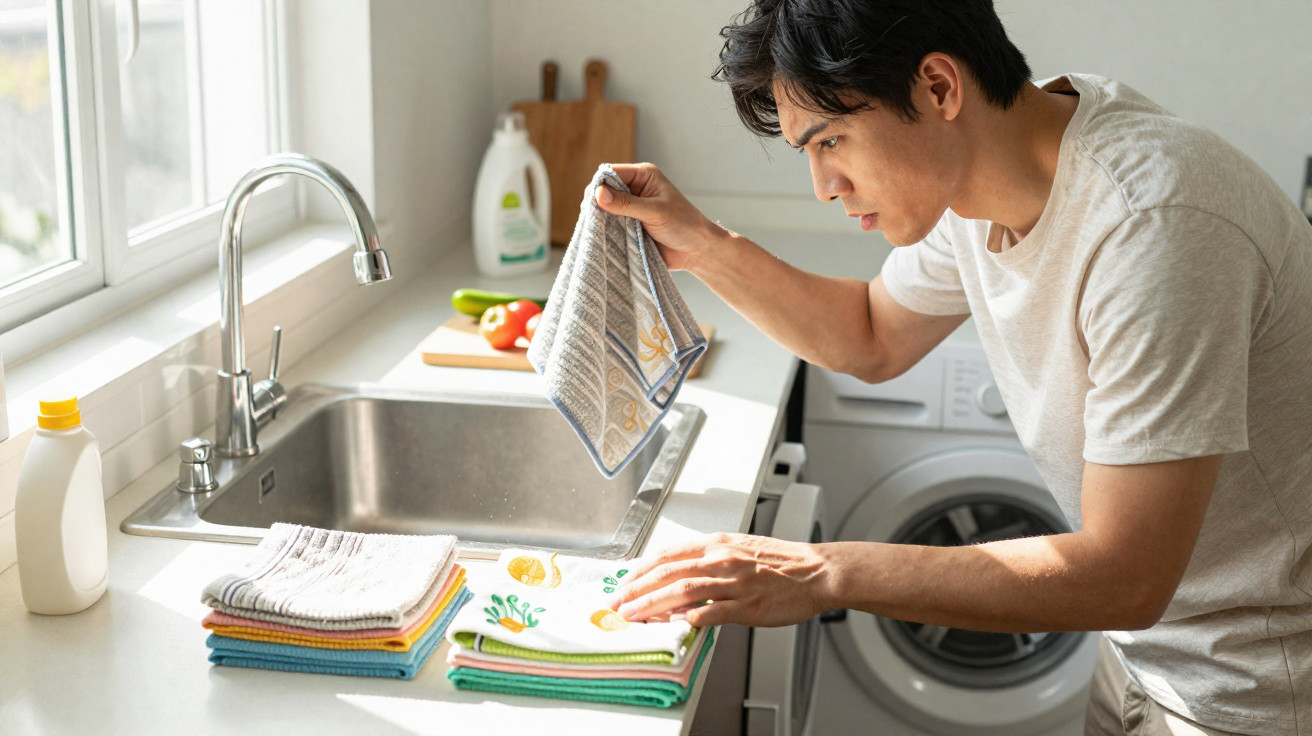 Man sorting and folding colourful kitchen towels next to a sink in a bright laundry room.
