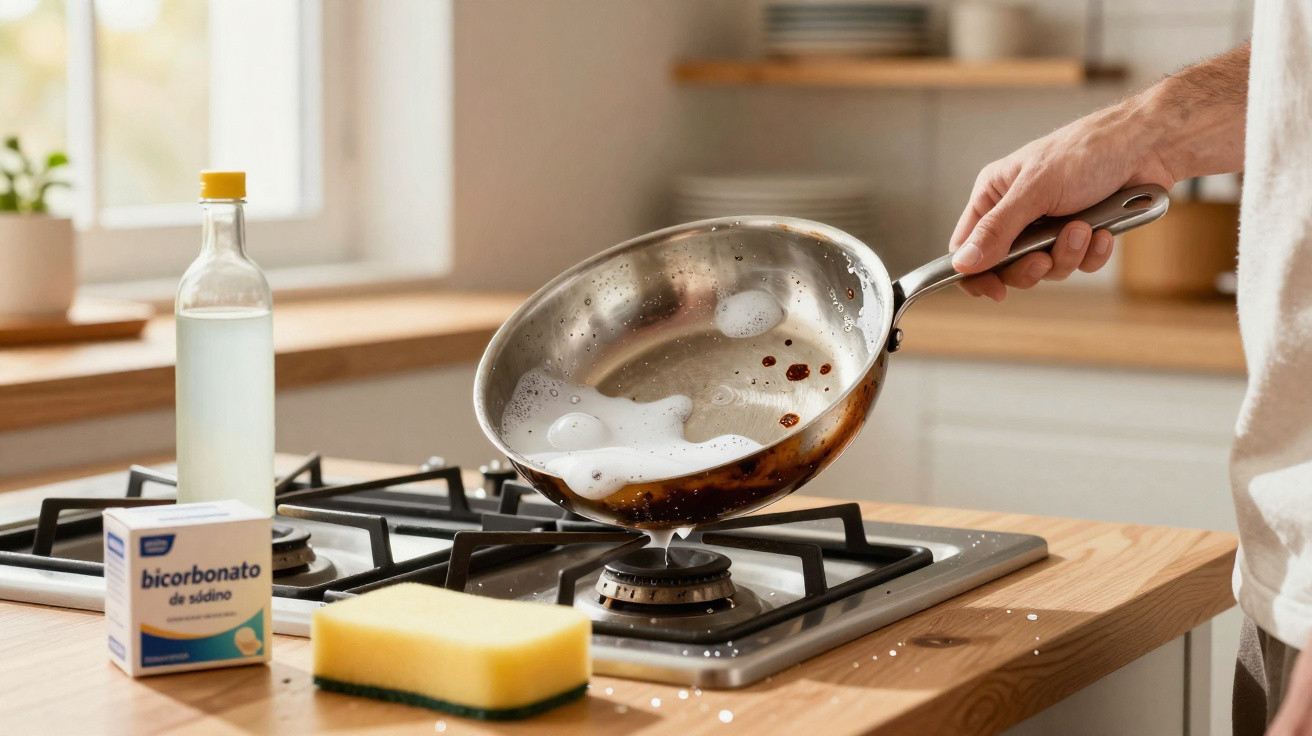 Hand cleaning a frying pan with soap foam over a gas stove, with baking soda, sponge, and bottle nearby.