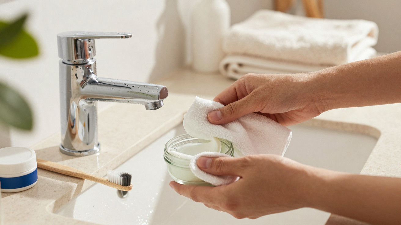 Person wiping a small glass jar of cream with a white cloth over a bathroom sink with a faucet and toothbrush.