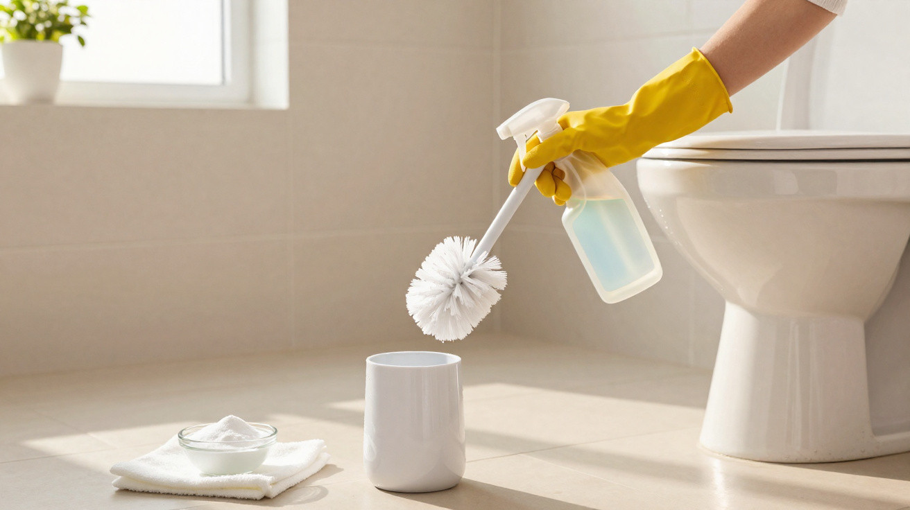 Hand in yellow glove holding toilet brush and cleaning spray next to white toilet and cleaning supplies on floor.
