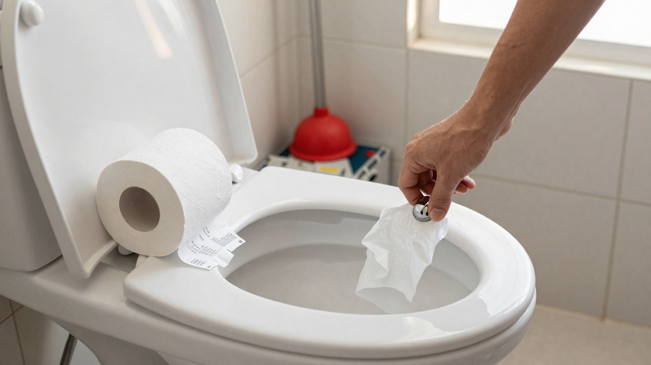 Hand dropping used tissue into a white toilet bowl with a roll of toilet paper on the seat rim.