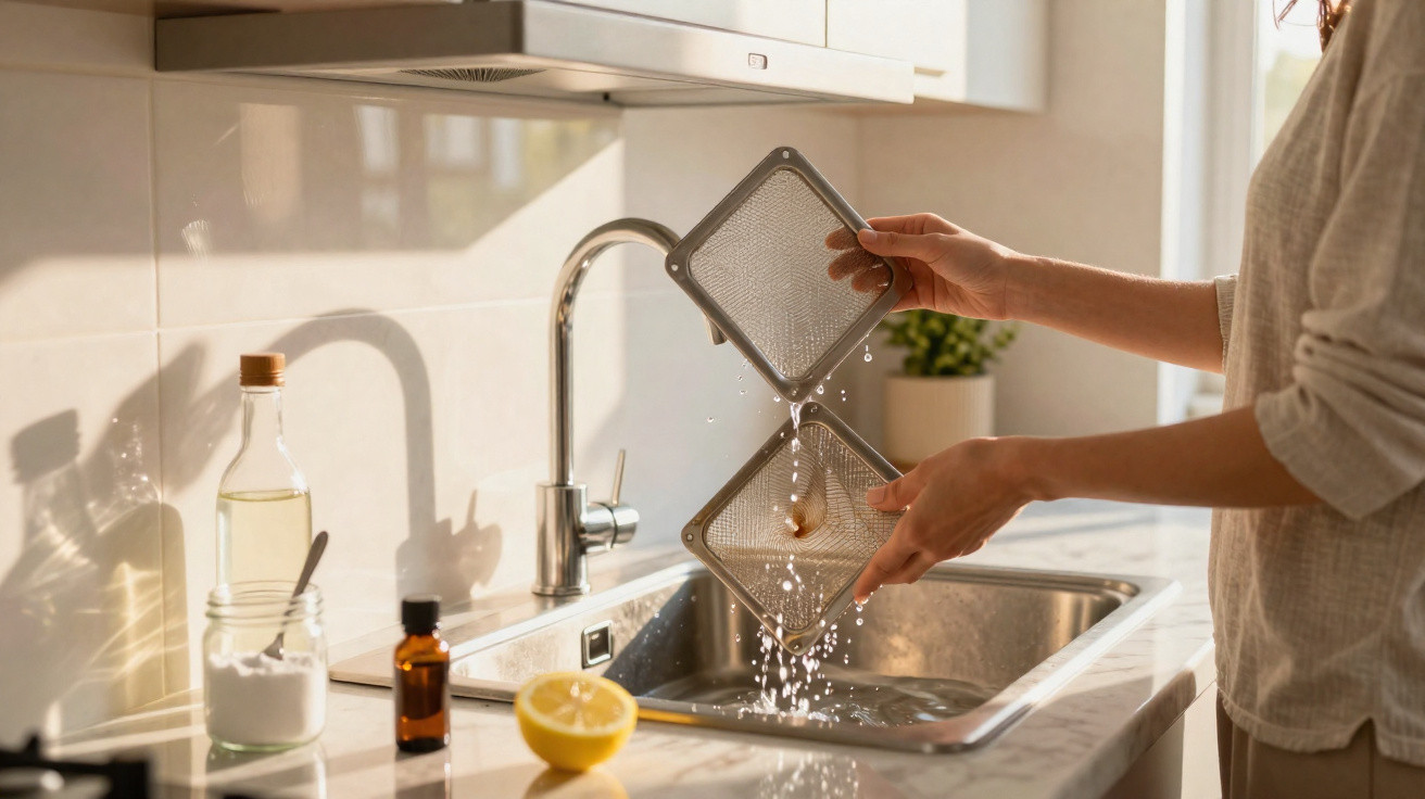 Person rinsing two square metal strainers over a kitchen sink with sunlight casting shadows on the counter.
