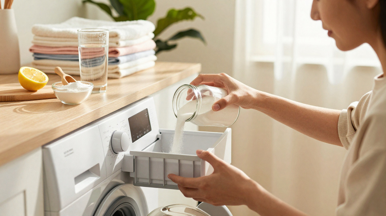 Person pouring detergent powder into a washing machine dispenser in a bright laundry room.