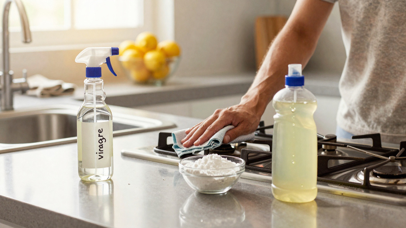 Person cleaning kitchen stove with cloth, vinegar spray bottle, bowl of baking soda, and dish soap on counter