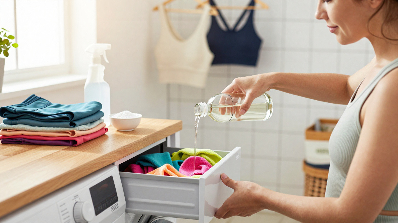 Woman pouring liquid detergent into a washing machine drawer in a bright laundry room.