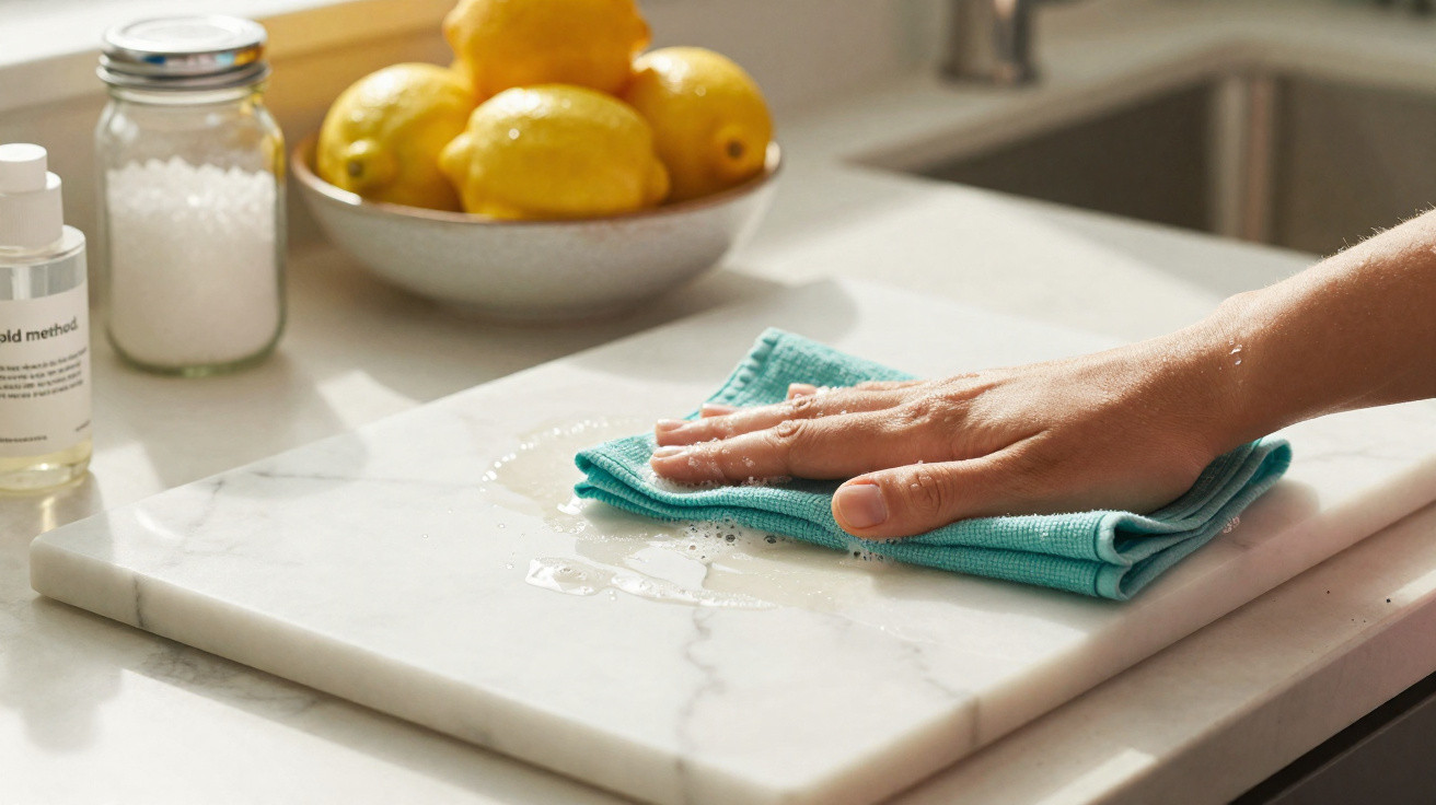 Hand wiping a wet white marble countertop with a blue cloth, bowl of lemons and jars in the background.