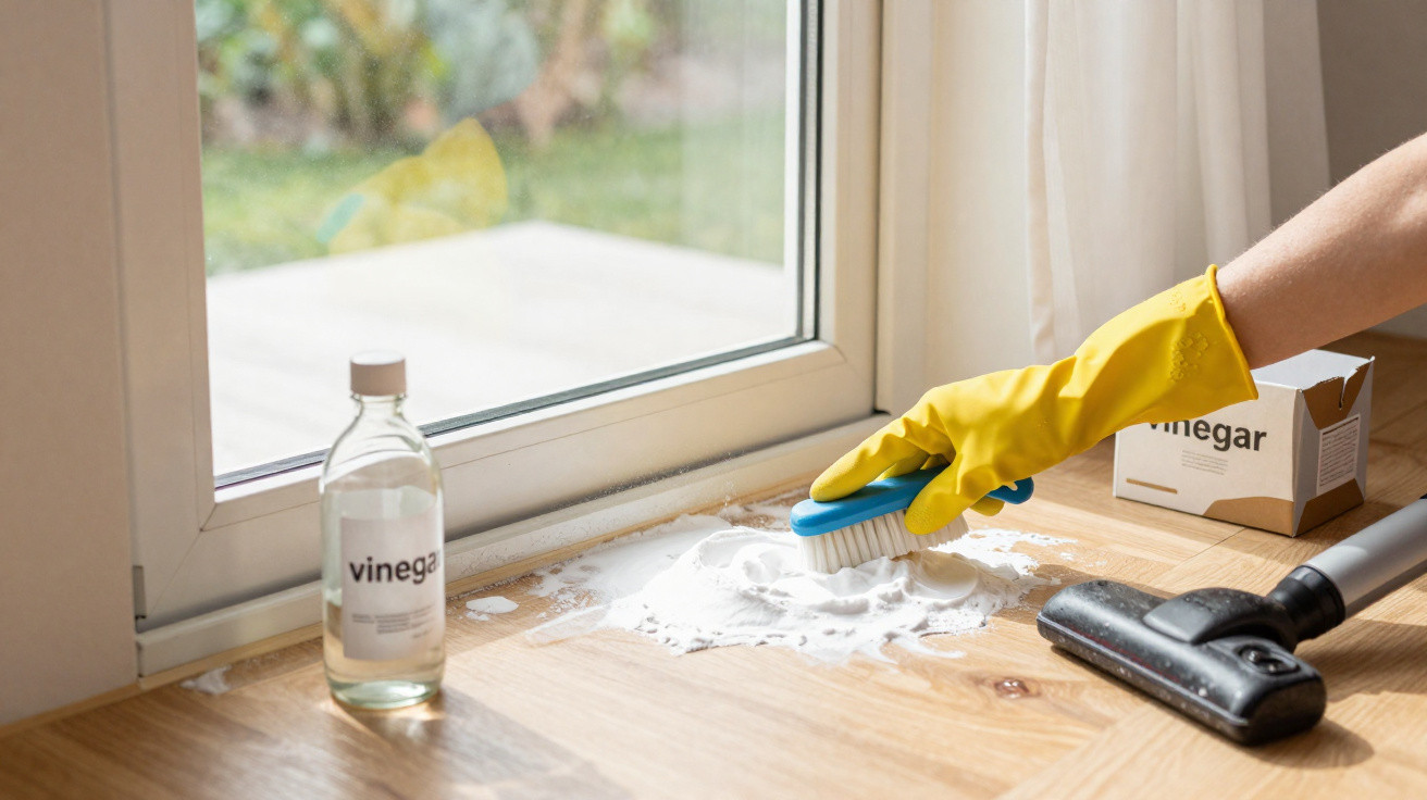 Hand in yellow glove scrubbing wooden floor near glass door with brush, vinegar bottle and vacuum nearby.