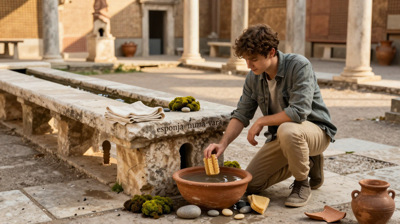 Young man kneeling outdoors, dipping a sponge into a clay bowl filled with water near an old stone bench.