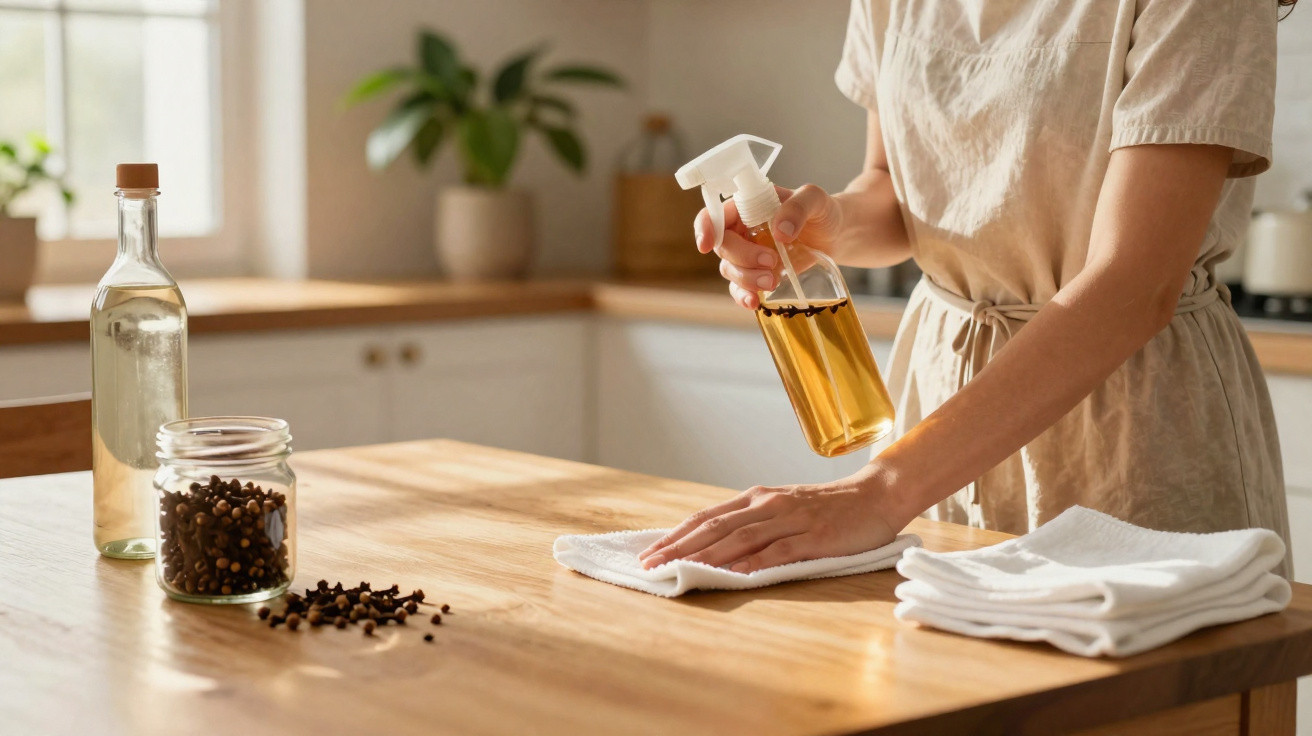 Person spraying natural cleaner on wooden kitchen table with jar of cloves and bottle nearby
