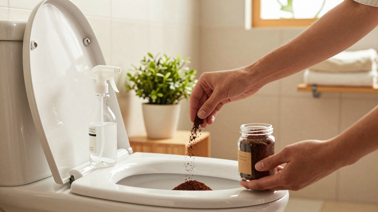 Person sprinkling coffee grounds into a toilet bowl with a spray cleaner bottle nearby in a bathroom.