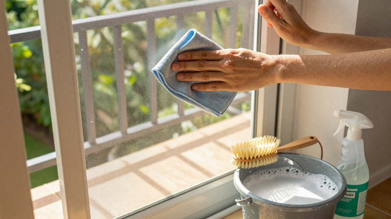 Person cleaning a window screen with a cloth next to a soapy bucket and cleaning spray on a sunny balcony.