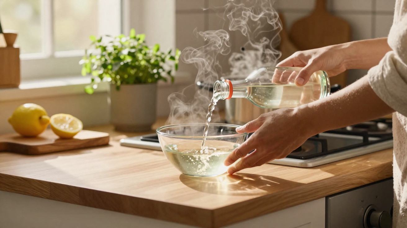 Person pouring steaming hot water from a glass bottle into a bowl on a wooden kitchen counter.