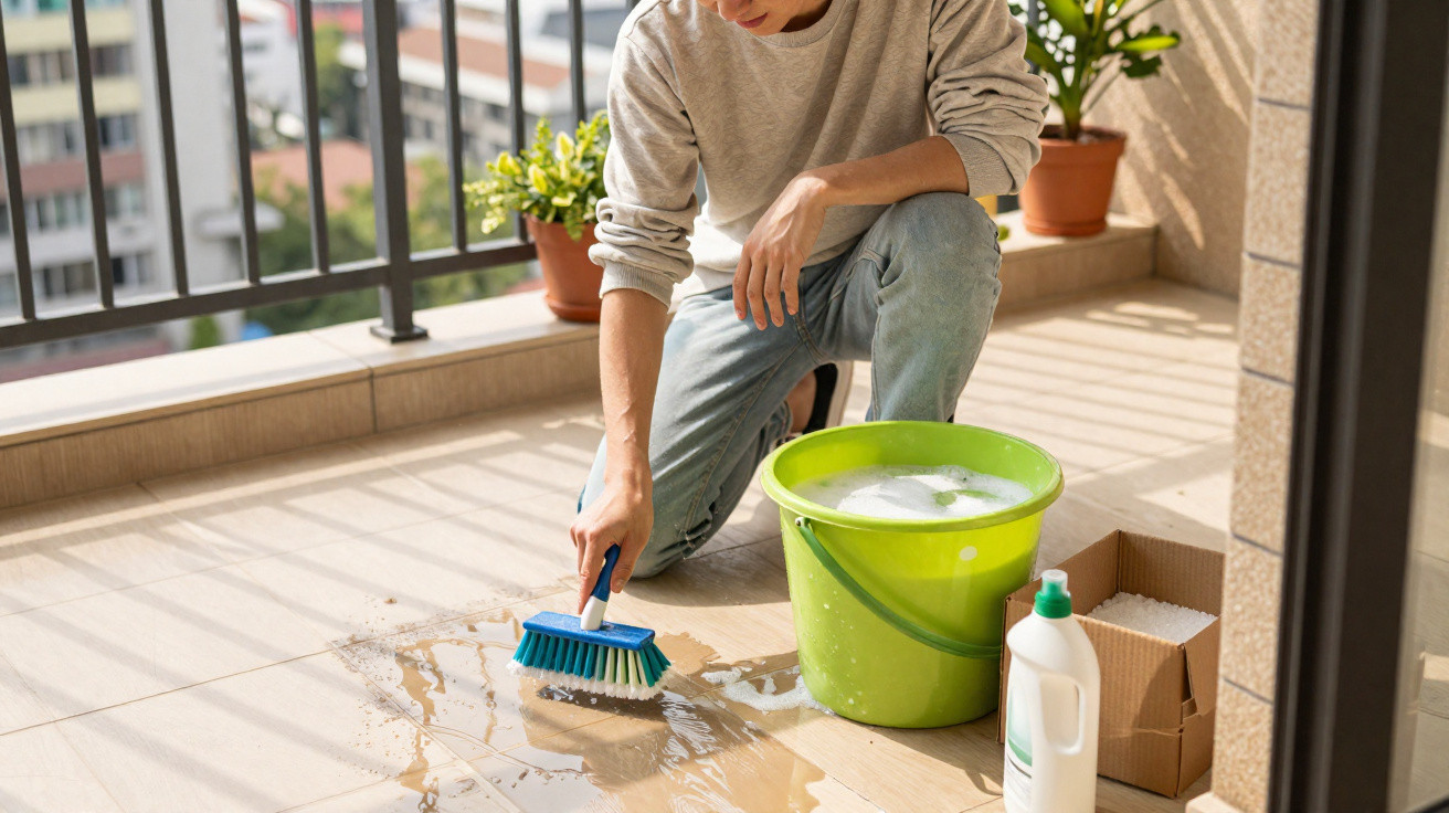 Person scrubbing a wet tiled balcony floor with a brush, green bucket, and cleaning supplies nearby.
