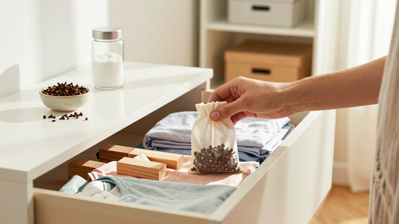 Hand placing a small pouch of cloves into a dresser drawer with folded clothes and wooden blocks.
