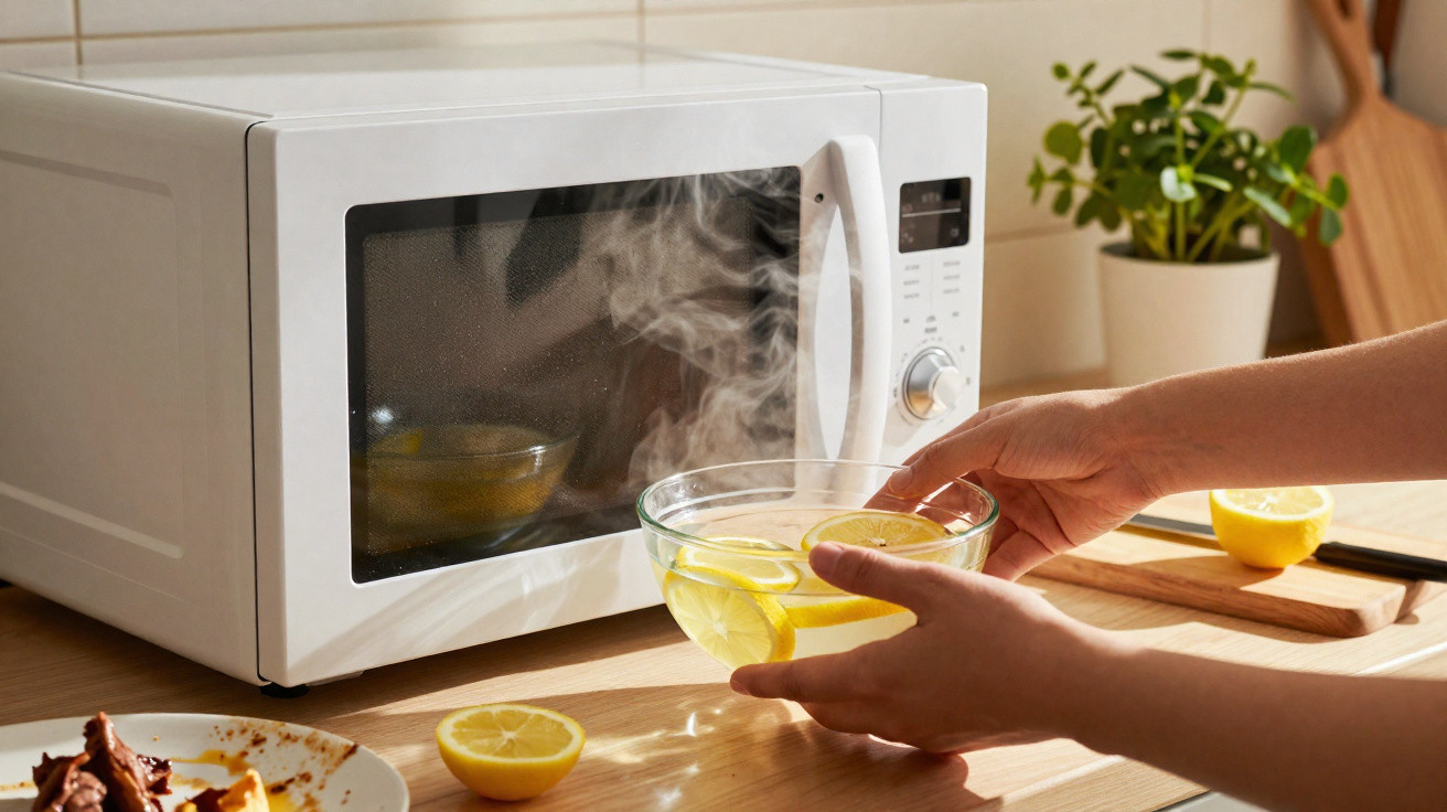 Hands removing a steaming glass bowl with lemon water from a white microwave on a kitchen counter.