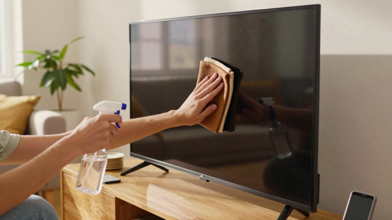 Person cleaning a flat-screen television with a spray bottle and cloth in a modern living room.